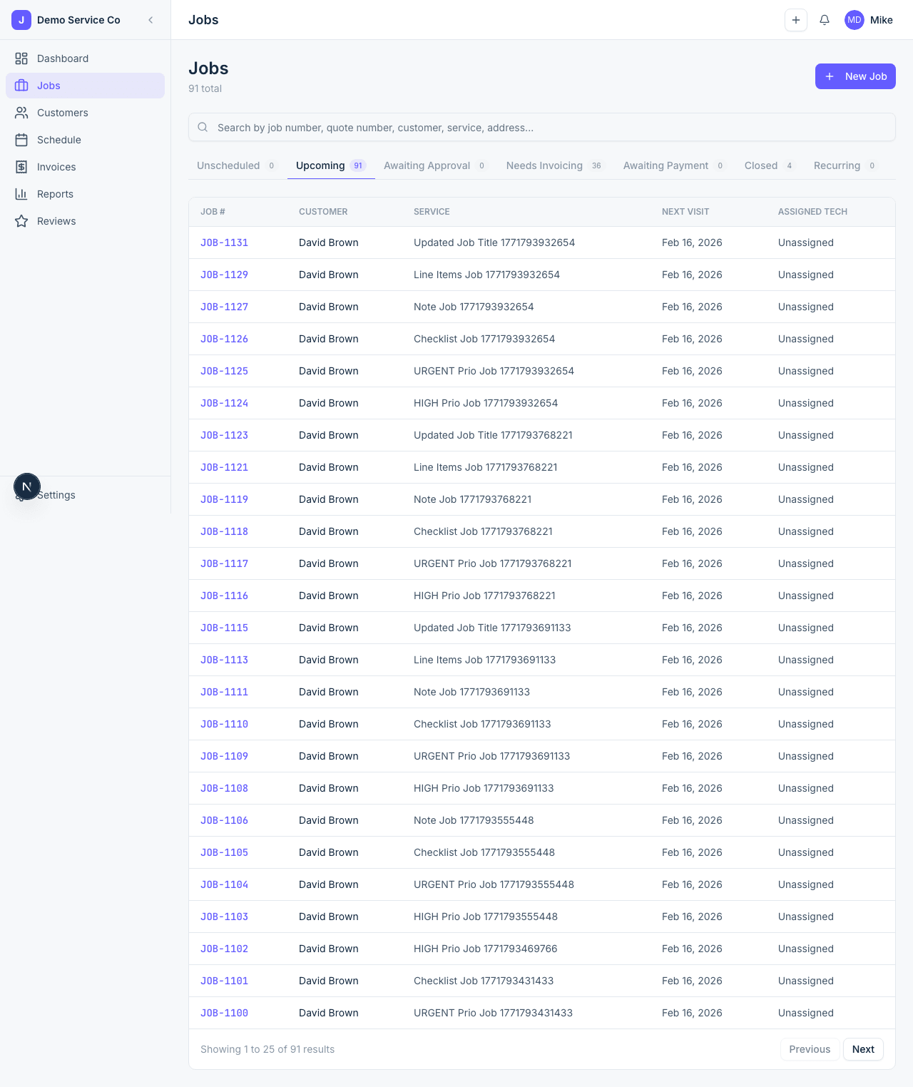 JobStream jobs list showing upcoming jobs organized by status with search and filtering