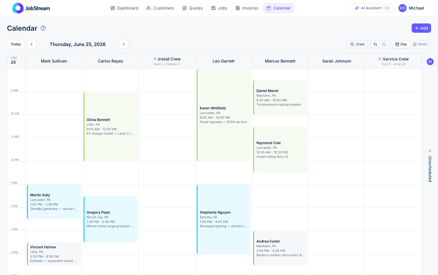 JobStream calendar showing a full day of electrical jobs assigned across the crew