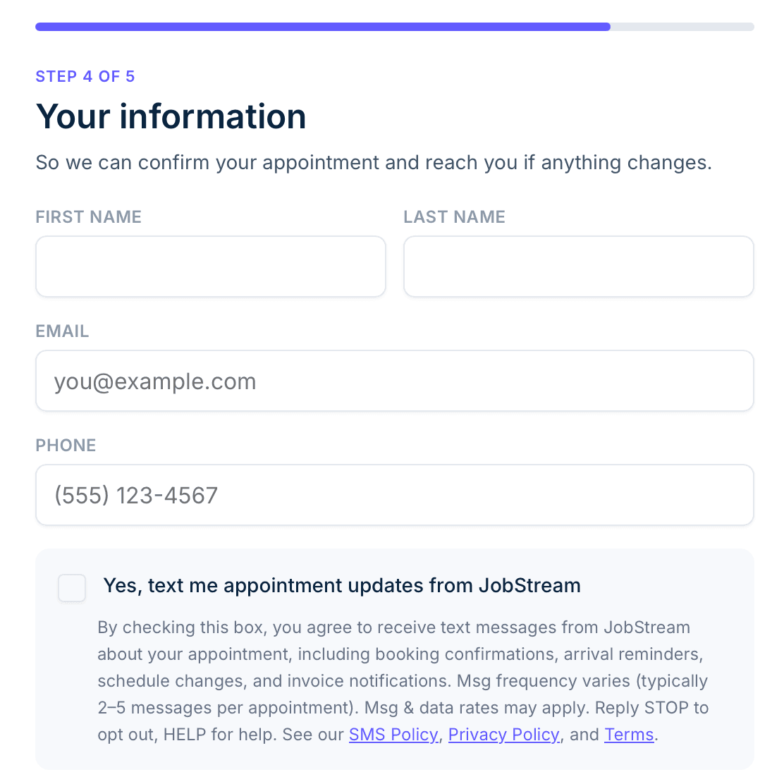 Screenshot of the JobStream public booking form showing the SMS opt-in checkbox and full disclosure language